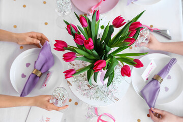 Sticker - Women at table with tulips served for International Women's Day celebration