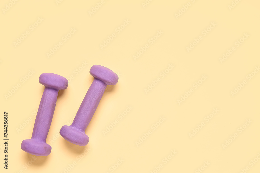 Pair of lilac dumbbells on color background
