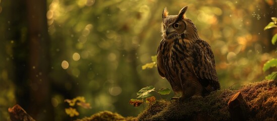 Wall Mural - Curious small owl perched on a weathered moss-covered log in a serene forest setting