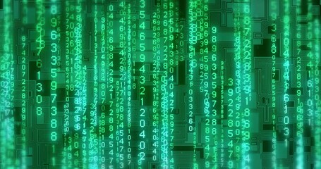 Animation of digital data processing and binary coding on black background