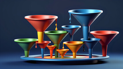 Wall Mural - Colorful 3d model funnel flow, 5 layers, levitating, on dark blue background