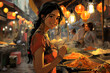 Illustration of a smiling woman in a lively street food night market adorned with lanterns, evoking a warm, festive atmosphere.