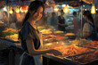 Illustration of a joyful woman serving diverse dishes at a vibrant night food market stall.