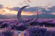 3d render of a portal shaped like a crescent moon in a sparse lavender field at dusk