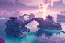 3d Render Of A Surreal Archipelago With Islands Connected By Natural Stone Bridges Under A Purple Sky