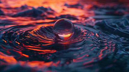 3d render of a sphere suspended in a sea of dark swirling liquid under a low light