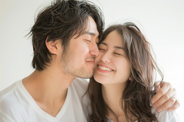  恋人同士でキスやハグをしている日本人カップル（家族・パートナー・事実婚）