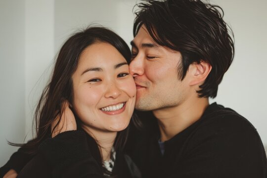 恋人同士でキスやハグをしている日本人カップル（家族・パートナー・事実婚）