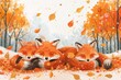 illustrations depicting charming foxes in a vibrant autumnal forest setting, evoking a sense of warmth and serenity. Watercolor