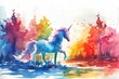 Abstract vibrant watercolor illustration featuring a mythical unicorn in a dreamy landscape.