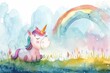 Playful watercolor image of a cartoon unicorn with a soft rainbow and floral elements.