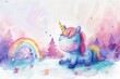 Pastel-colored watercolor artwork of a serene unicorn in a snowy landscape with a rainbow.
