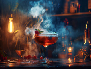 Photography of a craft cocktail with a smoky effect and dramatic lighting in a speakeasy ambiance