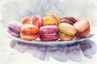 Watercolor artwork showcasing a variety of macarons on a plate with reflective shadows and pastel hues.