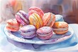 Artistic watercolor painting of colorful macarons arranged on a decorative plate, with a soft background.