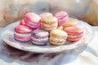 Beautiful watercolor illustration capturing a selection of vibrant macarons on a porcelain plate.