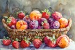 A watercolor artwork of ripe strawberries and plums nestled in a rustic wicker basket, evoking a sense of summer abundance.