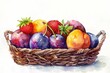 Luscious summer fruits, including strawberries and plums, artfully displayed in a woven basket, painted in watercolor.