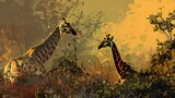 Fototapeta  - Pair of giraffes in the habitat. wildlife animal, digital art,