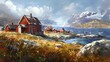 Picturesque village on coast of Greenland. digital art
