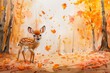 A delicate fawn stands amidst a flurry of falling leaves in an enchanted autumnal forest, watercolor.