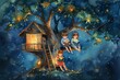 Children are immersed in books on a well-lit treehouse balcony, surrounded by the blue hues of a mystical evening. watercolor.