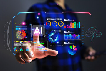 software developers using ai on virtual touch screen to command find and summarize business data in 