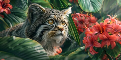 Wall Mural - Portrait of of beautiful cat, Pallas's cat, in tropical flowers and leaves. Picturesque portrait Wildlife animal. Digital illustration