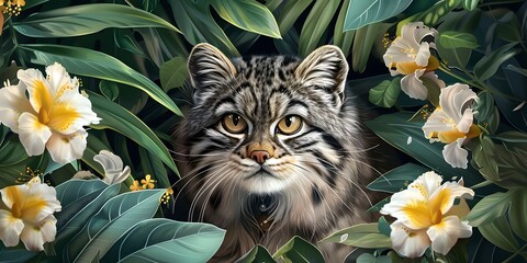 Wall Mural - Portrait of of beautiful cat, Pallas's cat, in tropical flowers and leaves. Picturesque portrait Wildlife animal. Digital illustration