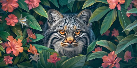 Wall Mural - Portrait of of beautiful cat, Pallas's cat, in tropical flowers and leaves. Picturesque portrait Wildlife animal. Digital illustration