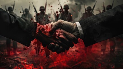Wall Mural - Businessmen handshake. Blood, war and soldiers at the background. Bloody politics concept. AI Generated 