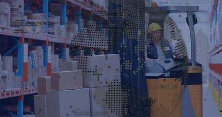 Wall Mural - Animation of globe and digital data processing over caucasian man in forklift working in warehouse