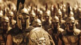 A Hoplite commander leads his troops into battle his bronze armor adorned with intricate designs. He inspires his soldiers with his bravery and strategic mind.