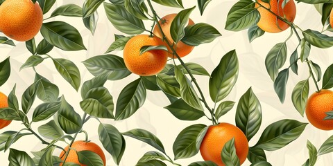 Wall Mural - Seamless pattern with a sprig of tangerines and leaves. Vintage botanical 3d illustration for printing fabric, wrapping paper, packaging