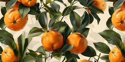 Wall Mural - Seamless pattern with a sprig of tangerines and leaves. Vintage botanical 3d illustration for printing fabric, wrapping paper, packaging