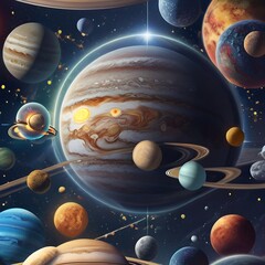  The Solar system, high quality, 8K Ultra HD, vivid colors, seamless patterns, fabric art, art station, starry night, many colorful and detailed designs combining magic and fantasy Generative AI