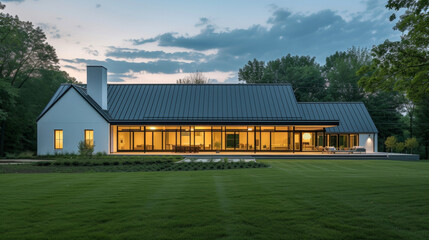 Wall Mural - Serene and uncluttered this minimalist homestead seamlessly integrates with the lush landscape surrounding it. The farmhouse is a study in simplicity with clean lines and