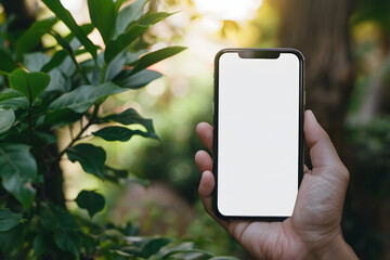 Close up mockup of hand holding mobile phone with blank white screen