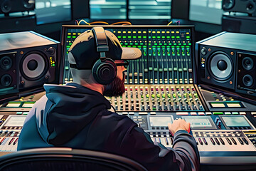 Wall Mural - A man works behind a professional sound mixing board in a recording studio.