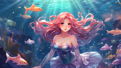 Wall Mural - Mermaid Beauty Swimming Among Jellyfish in Underwater Fantasy