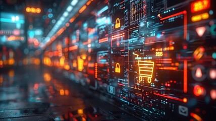 Digital marketplace bustling with virtual shopping carts and colorful parcel boxes under neon lights