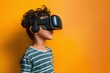 © Clearmind - Latin American Kid Boy Wearing VR Headset, Isolated on Left. Enjoying Virtual Reality Experience on Orange Background with Studio Lighting. Horizontal Photo (3:2) with Empty Copy Space