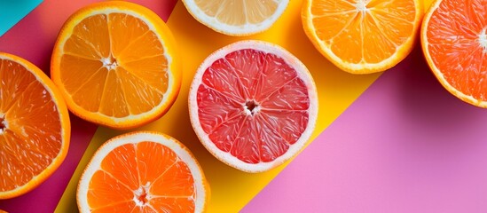 Canvas Print - Vibrant display of fresh ripe oranges and lemons on a colorful background