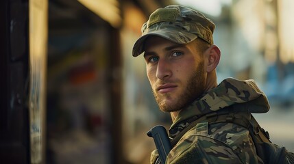 Confident young man in military camouflage attire posing in urban setting, showcasing strength and style. portrait of determination in a modern cityscape backdrop. AI