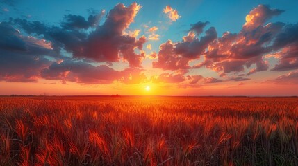 Wall Mural - Magical orange Summer Sunset Sky Above Countryside Rural Meadow Landscape.