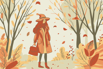 Wall Mural - Flat Design Girl in Autumn