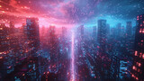 A futuristic cyberpunk cityscape with neon lights and towering skyscrapers, capturing the essence of urban cool for a sleek and modern t-shirt.