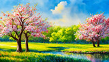 Fototapeta Niebo - Wiejski krajobraz, akwarela, dekoracja generative ai