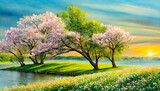 Fototapeta Niebo - Wiejski krajobraz, akwarela, dekoracja generative ai