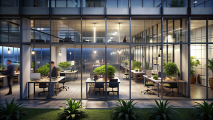 Wall Mural - Modern office building at night with plants